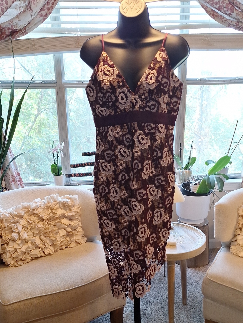 Bardot Burgundy and Blush Asymmetrical Lace Slip Dress